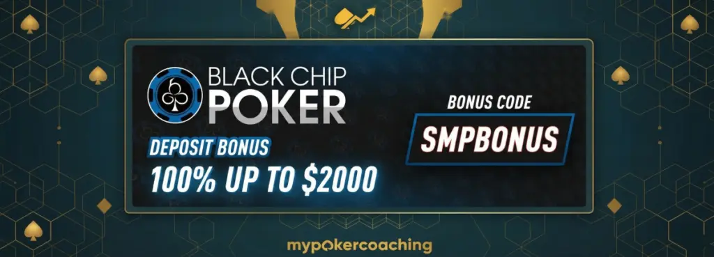 Promotional banner for Black Chip Poker featuring a 100% deposit bonus up to $2,000 and the bonus code SMPBONUS, framed with a dark and gold geometric design.