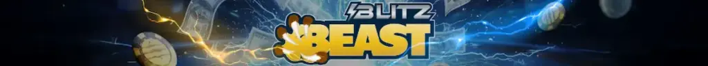 Promotional banner for the Ya Poker Blitz Beast event. The graphic features the word BLITZ with a lightning bolt above large gold BEAST text with claw marks, surrounded by lightning, floating chips, and cash.