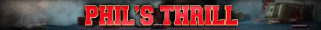 Promotional banner for Ya Poker featuring the text 'PHIL'S THRILL' in bold red and gold varsity-style letters, set against a smoky background with out-of-focus cash and casino chips.