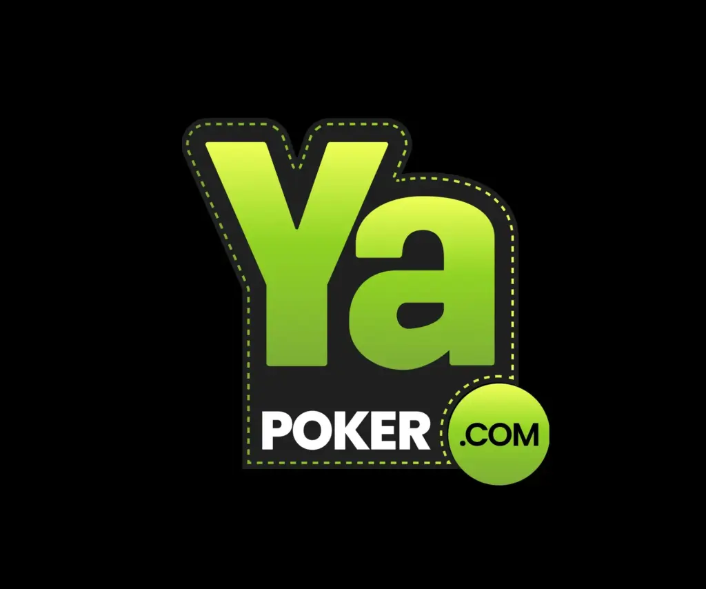 Official logo of Ya Poker featuring a green gradient 'Ya' above white 'POKER' text and a green '.COM' badge, enclosed by a dashed green border on a black background.