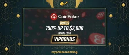 CoinPoker promotional banner for a welcome offer, featuring the text "BONUS 150% UP TO $2,000" and the bonus code "VIPBONUS" on a dark background with red CoinPoker coins.