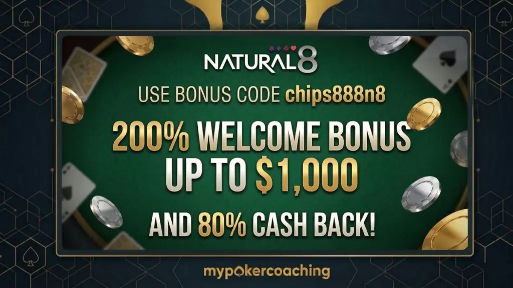 Promotional banner for Natural8 poker displaying the bonus code chips888n8. The text highlights a 200% welcome bonus up to $1,000 and 80% cash back on a green poker table background with floating chips.