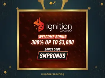 Promotional banner for Ignition featuring a 300% welcome bonus up to $3,000 and the bonus code SMPBONUS, framed with a dark and gold geometric design.