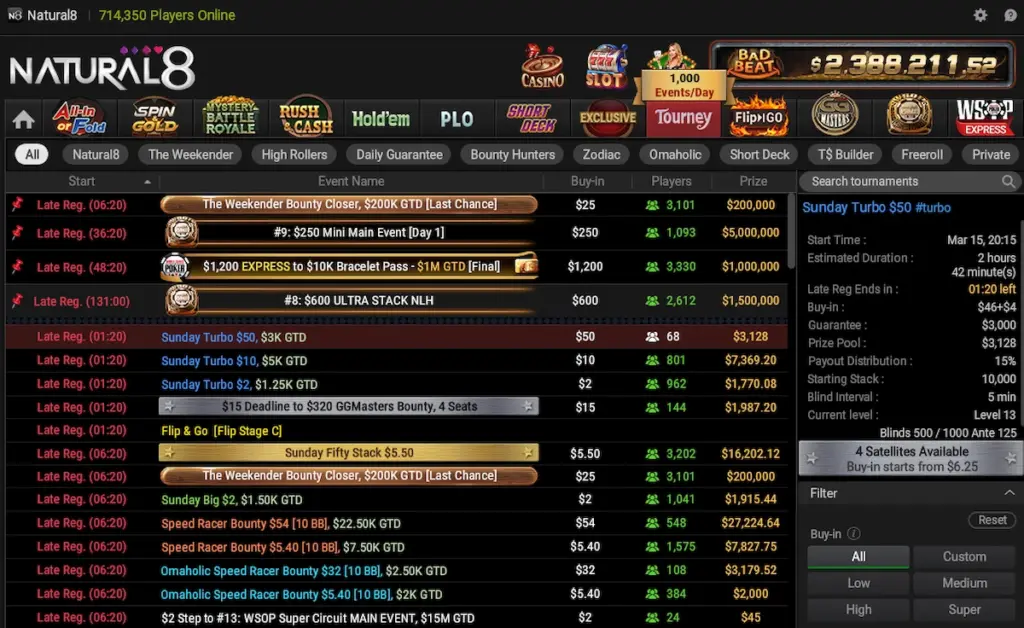 Screenshot of the Natural8 online poker tournament lobby. The interface displays a list of scheduled events, buy-ins, prize pools, and a detailed information panel on the right side for the selected Sunday Turbo tournament.