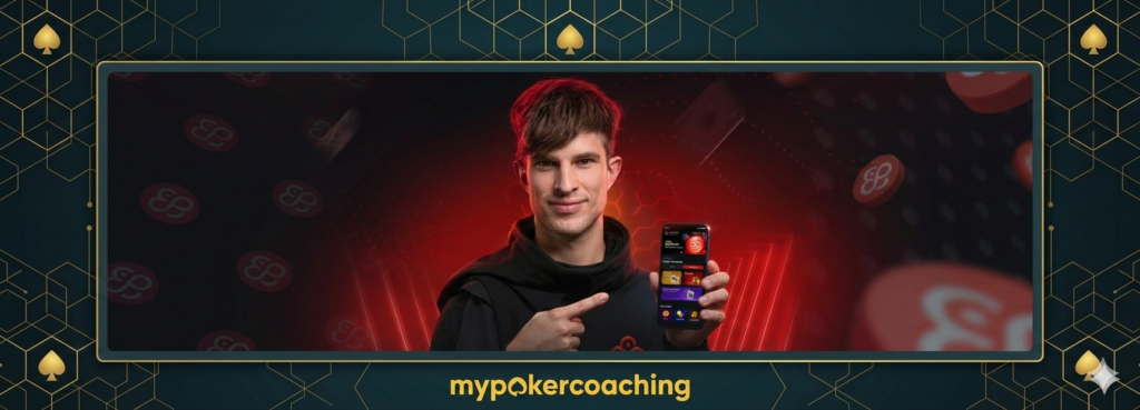 Promotional graphic for CoinPoker featuring a man in a black hoodie pointing to a smartphone screen displaying the mobile poker app interface against a dark red background.
