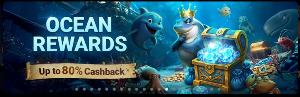 Promotional banner for the Natural8 Ocean Rewards program. It features an underwater scene with cartoon sea creatures, including a crowned shark and a dolphin, next to a treasure chest full of blue gems, with text reading 'Up to 80% Cashback'