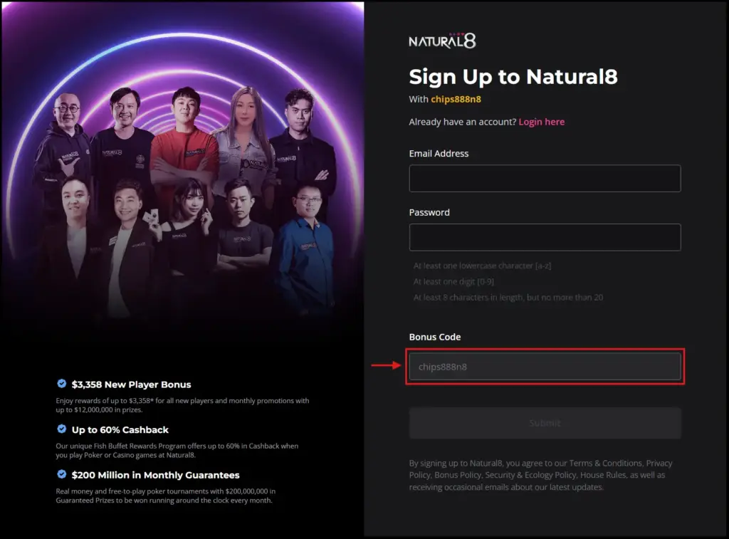 A split-screen view of the Natural8 sign-up page. The left side highlights a $3,358 new player bonus, while the right displays the registration form with a red arrow pointing to the bonus code field containing 'chips888n8'.