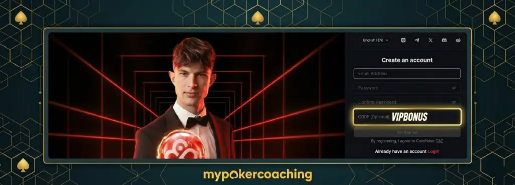 A split image showing the CoinPoker registration screen. On the left, a man in a tuxedo holds a glowing red coin. On the right, the registration form is shown with the bonus code VIPBONUS entered into a highlighted optional code field.