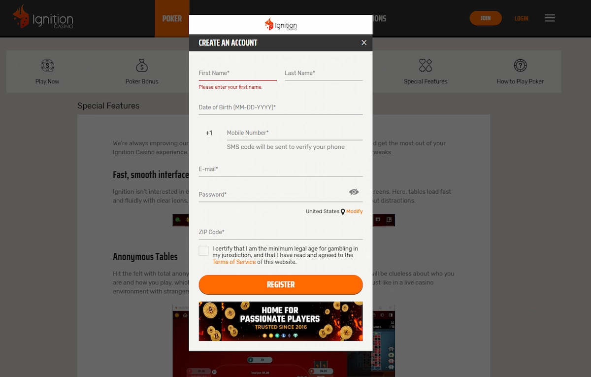 Screenshot of the Ignition account creation popup form. The interface requires basic personal details like name, date of birth, US mobile number, email, and ZIP code, featuring a large orange register button.