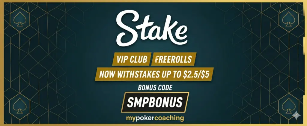 Promotional banner for Stake Poker showing the bonus code SMPBONUS. The graphic highlights the platform's VIP Club, Freerolls, and cash game stakes up to $2.5/$5.
