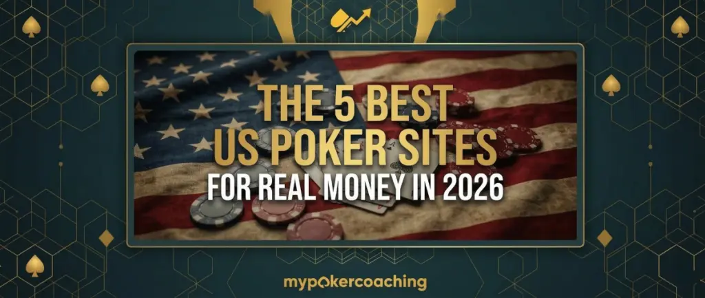 Promotional banner titled 'The 5 Best US Poker Sites for Real Money in 2026', featuring poker chips and playing cards scattered over a vintage American flag.