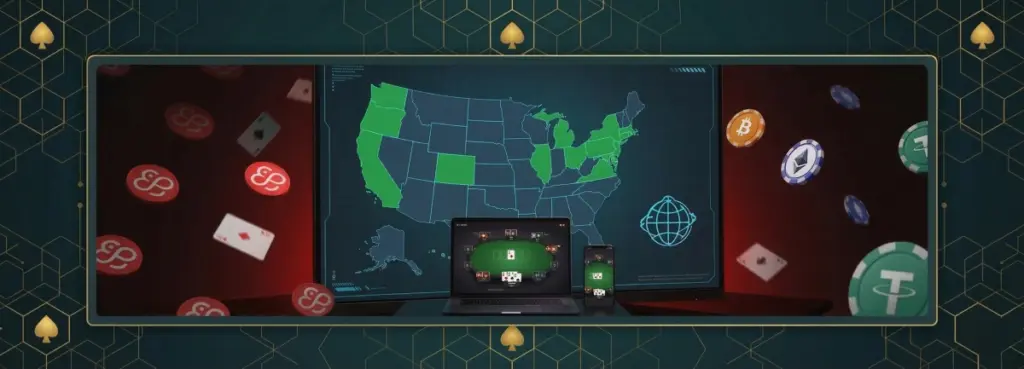 A digital map of the United States with several states highlighted in green. In the foreground, a laptop and smartphone display active poker tables, surrounded by floating cryptocurrency tokens like Bitcoin, Ethereum, and Tether, alongside red CoinPoker chips.