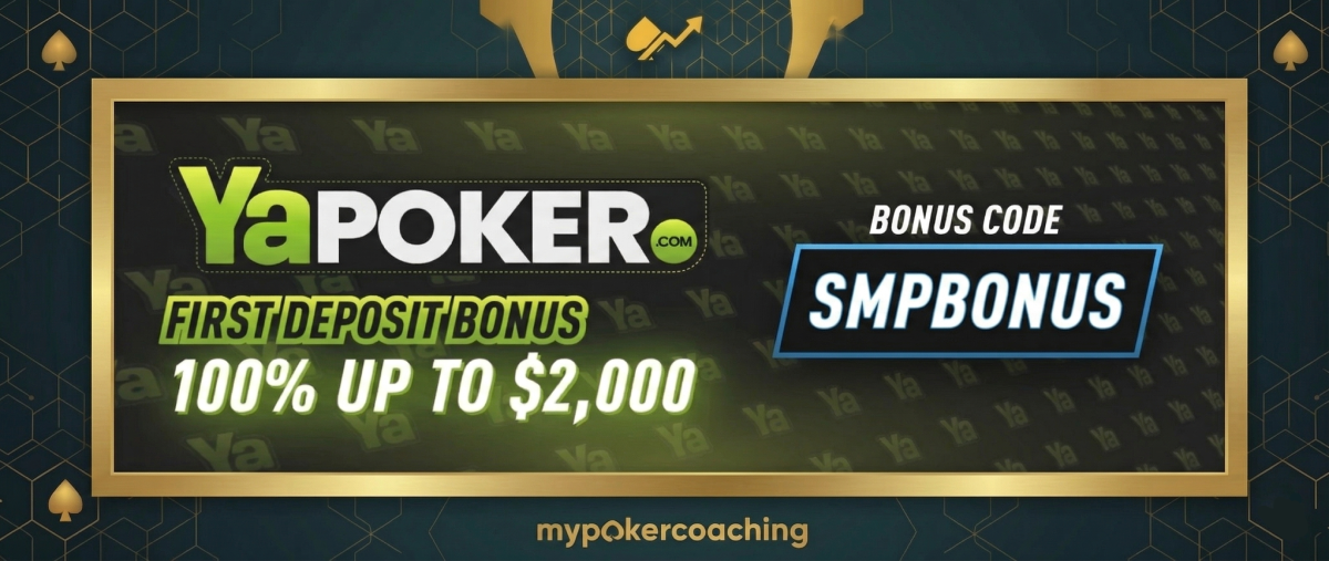 Promotional banner for Ya Poker featuring a 100% first deposit bonus up to $2,000 and the bonus code SMPBONUS, framed with a dark and gold geometric design.