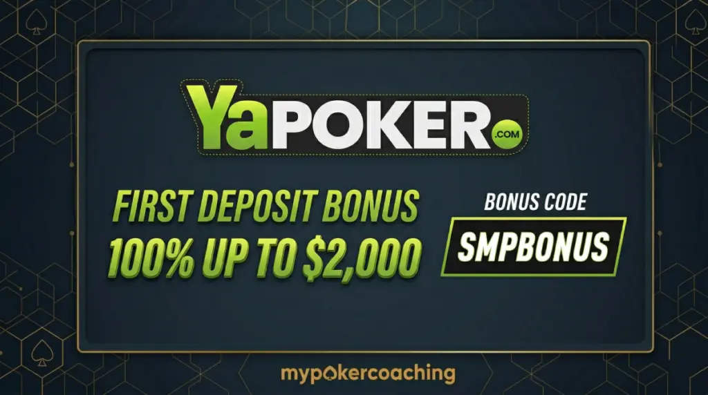 Promotional banner for Ya Poker featuring a 100% first deposit bonus up to $2,000 and the bonus code SMPBONUS, framed with a dark and gold geometric design.