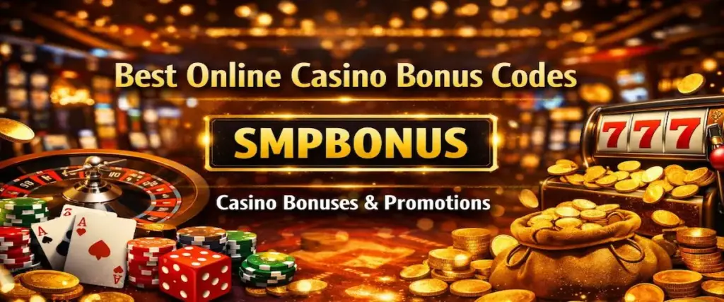 Best Online Casino Bonus Codes" featuring a central gold highlight for the code SMPBONUS, surrounded by casino elements like a roulette wheel, dice, and gold coins.