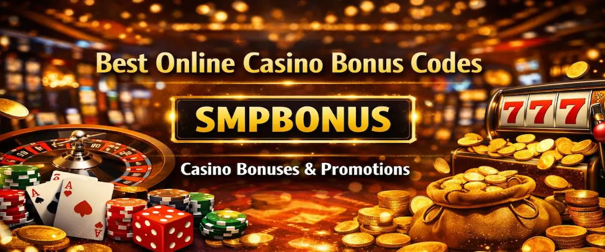 Best Online Casino Bonus Codes" featuring a central gold highlight for the code SMPBONUS, surrounded by casino elements like a roulette wheel, dice, and gold coins.