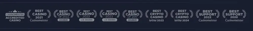 A row of industry accolade icons for BitStarz Casino, including Best Casino, Best Support, and Best Crypto Casino awards from Casinomeister, AskGamblers, and LCB Awards