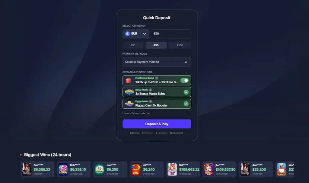 A screenshot of the BitStarz "Quick Deposit" modal, showing currency selection (EUR), amount presets, and the "First Deposit Bonus" toggle for new players.