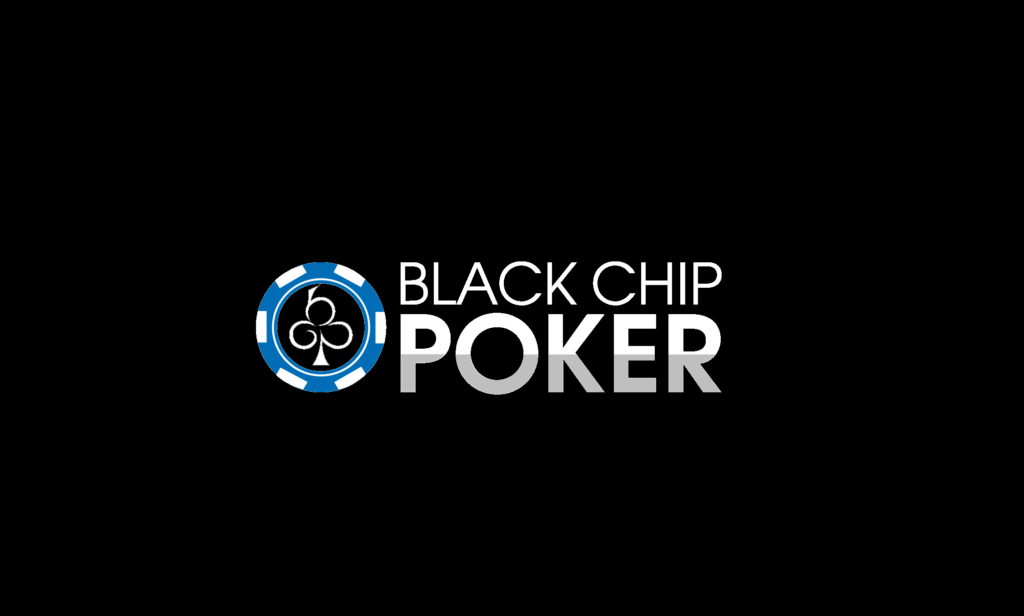 Official logo of Black Chip Poker featuring a blue and white poker chip with a club symbol, next to the brand name in white and silver text on a solid black background.
