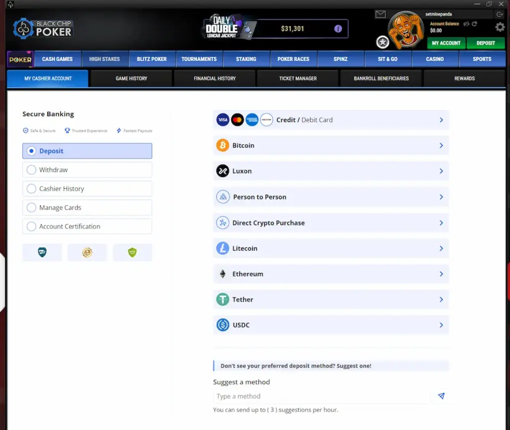 Screenshot of the Black Chip Poker cashier interface showing the deposit tab. The screen lists various payment methods including Credit/Debit Cards, Bitcoin, Luxon, Litecoin, Ethereum, Tether, and USDC.