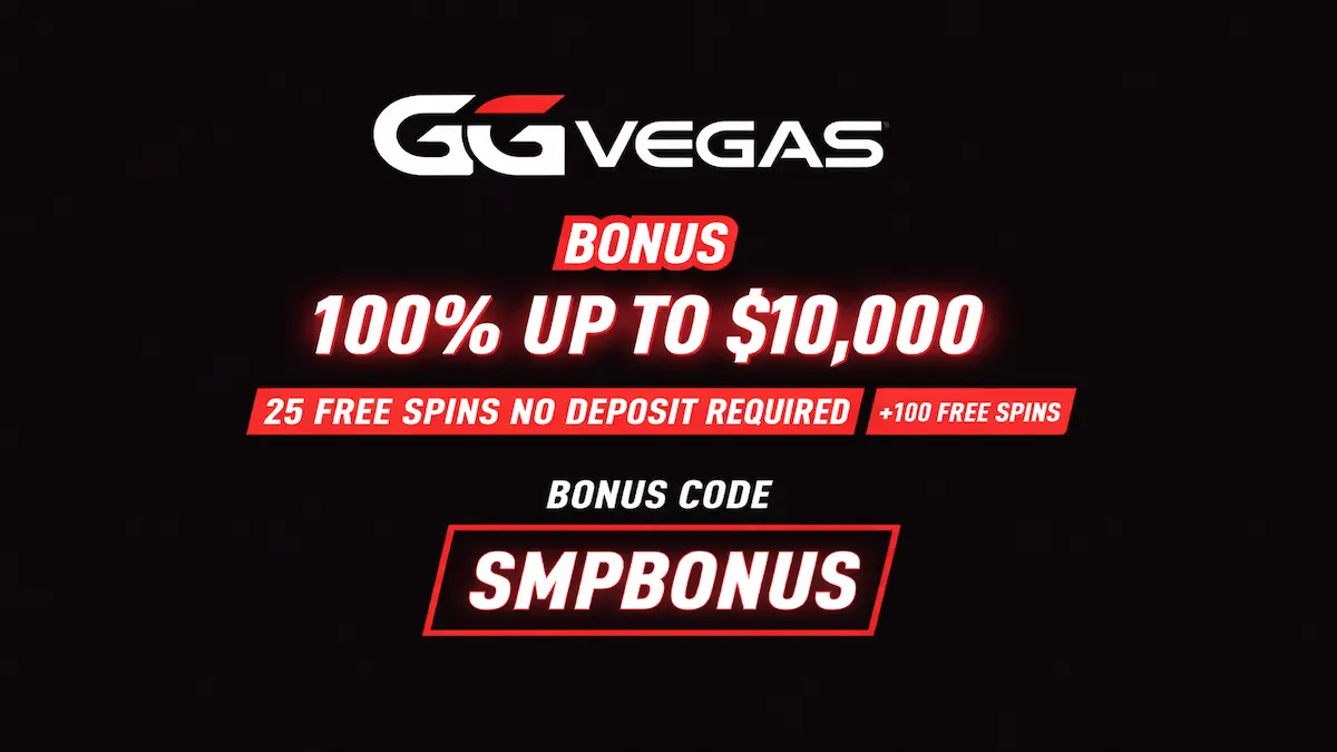 Promotional hero banner for GGVegas Casino with a black background and glowing red/white text. It advertises a "Bonus 100% Up to $10,000", "25 Free Spins No Deposit Required + 100 Free Spins", and features the bonus code "SMPBONUS".