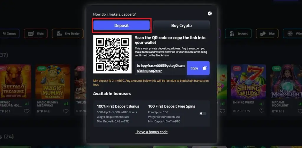 Screenshot of the mBit Casino deposit modal with a red highlight box around the "Deposit" tab. The interface shows a QR code, a Bitcoin wallet address, and a toggle for the "100% First Deposit Bonus" and "100 First Deposit Free Spins."