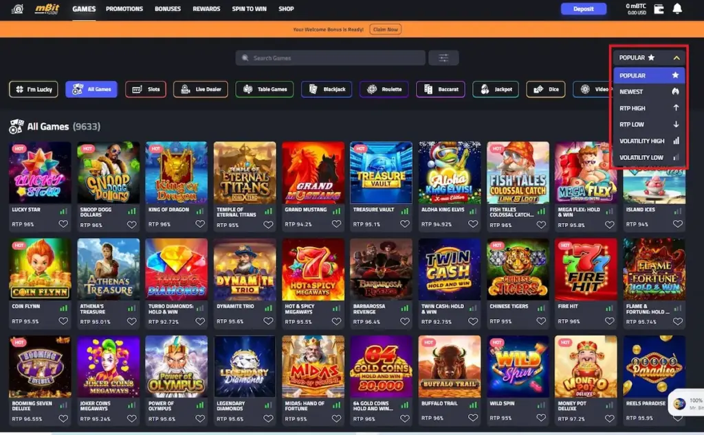 Screenshot of the mBit Casino "All Games" lobby showing over 10,000 titles, with a red highlight box around the sorting dropdown menu featuring Popular, Newest, RTP, and Volatility filters.