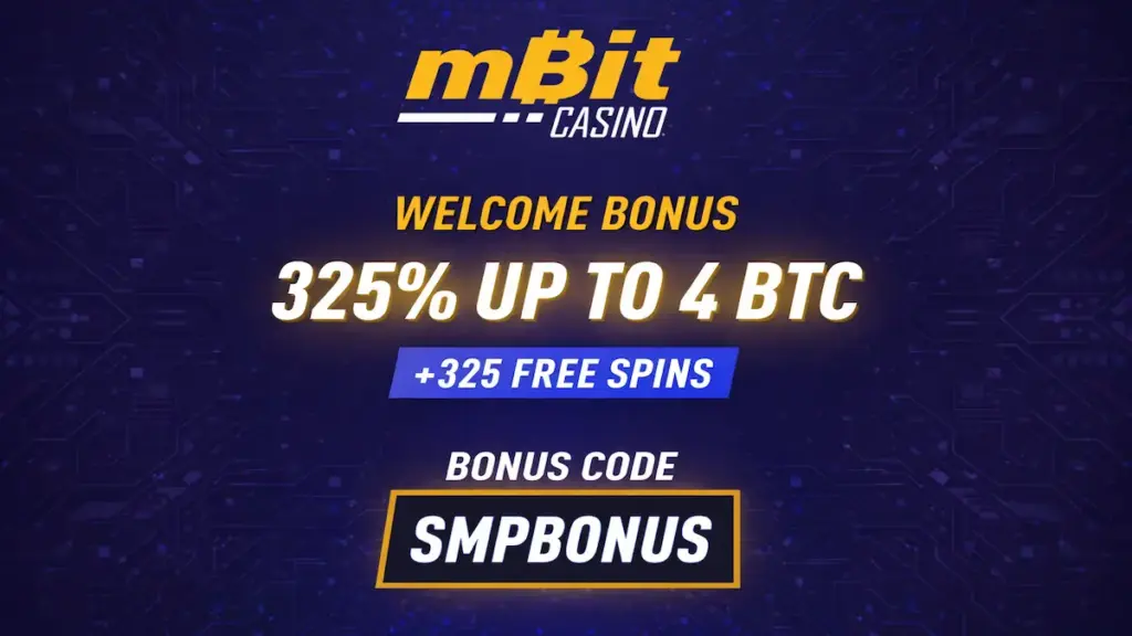 Professional mBit Casino hero banner on a dark blue circuit-themed background, advertising a Welcome Bonus of 325% up to 4 BTC plus 325 Free Spins, featuring the bonus code SMPBONUS.