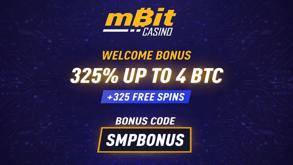Professional mBit Casino hero banner on a dark blue circuit-themed background, advertising a Welcome Bonus of 325% up to 4 BTC plus 325 Free Spins, featuring the bonus code SMPBONUS.
