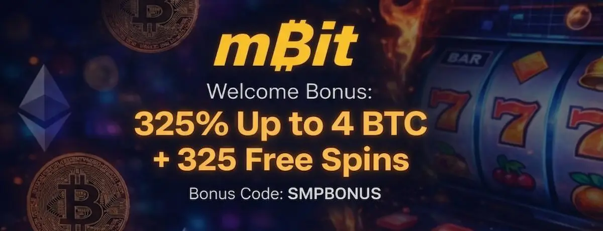 Promotional hero banner for mBit Casino featuring a "325% Up to 4 BTC + 325 Free Spins" welcome bonus with the promo code SMPBONUS. The dark background includes Bitcoin and Ethereum symbols with a slot machine.