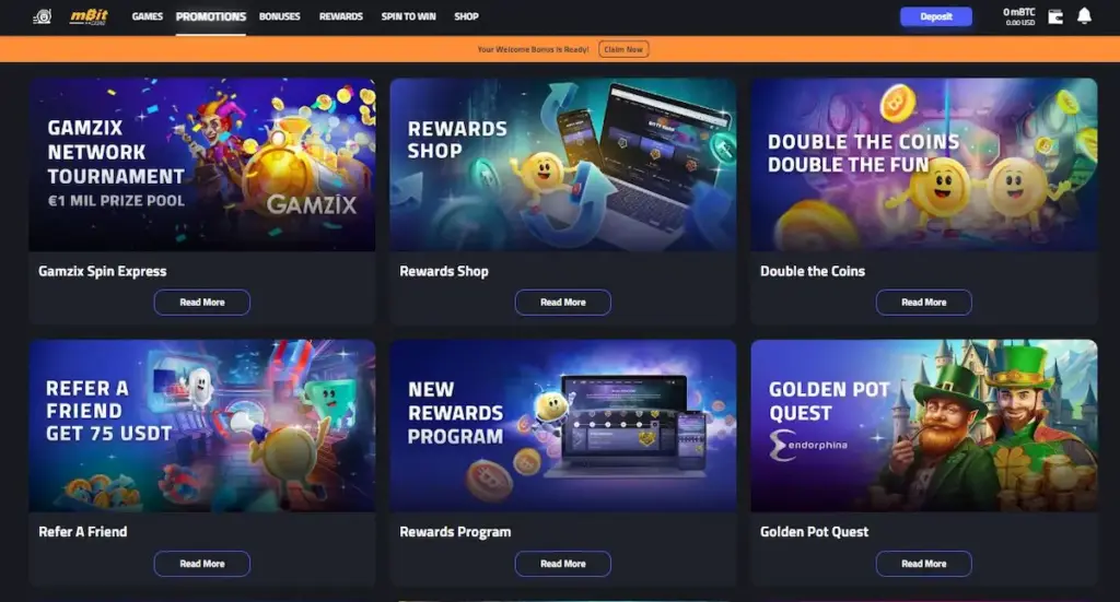 Screenshot of the mBit Casino promotions page displaying several bonus tiles including "Gamzix Spin Express", "Rewards Shop", "Double the Coins", "Refer a Friend", and the "New Rewards Program".