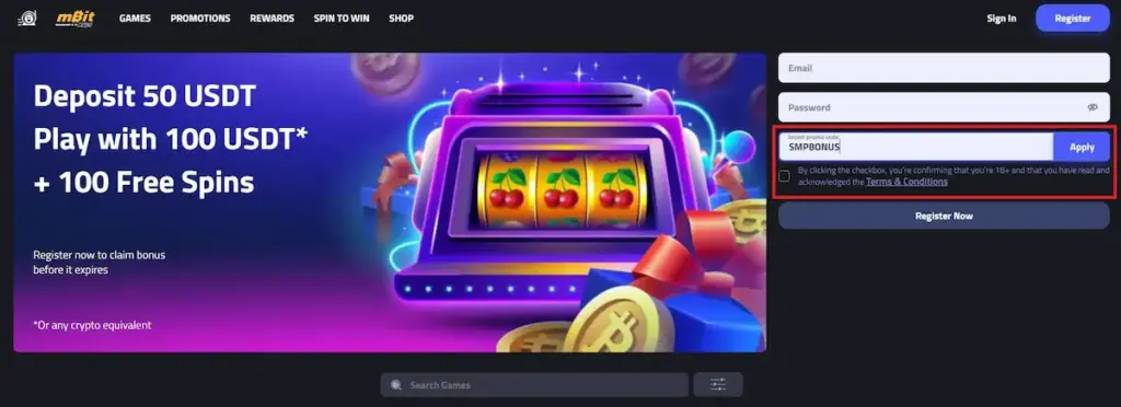 Screenshot of the mBit Casino registration page with a red highlight box around the promo code field containing "SMPBONUS" and the mandatory terms checkbox.