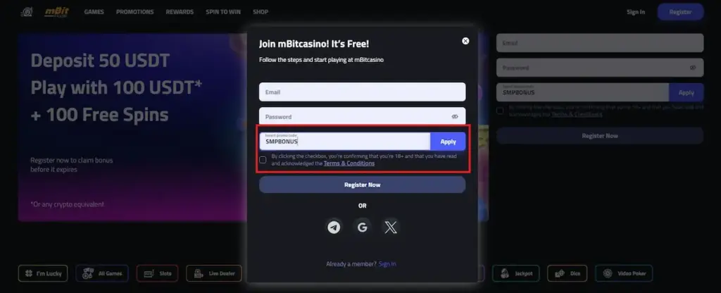 Screenshot of the mBitcasino registration modal with a red highlight box around the "Insert promo code" field where "SMPBONUS" is entered. Below the form, social login icons for Telegram, Google, and X (Twitter) are visible.