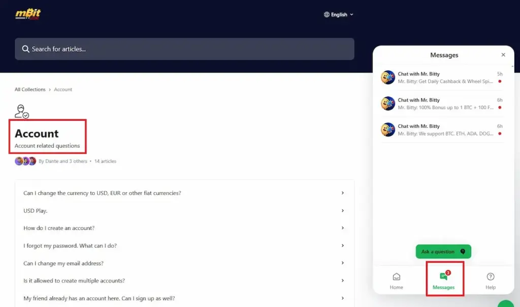 Screenshot of the mBit Casino Help Center with a red highlight box around the "Account" category and a second red box highlighting the "Messages" icon in the chat widget, showing automated updates from Mr. Bitty.