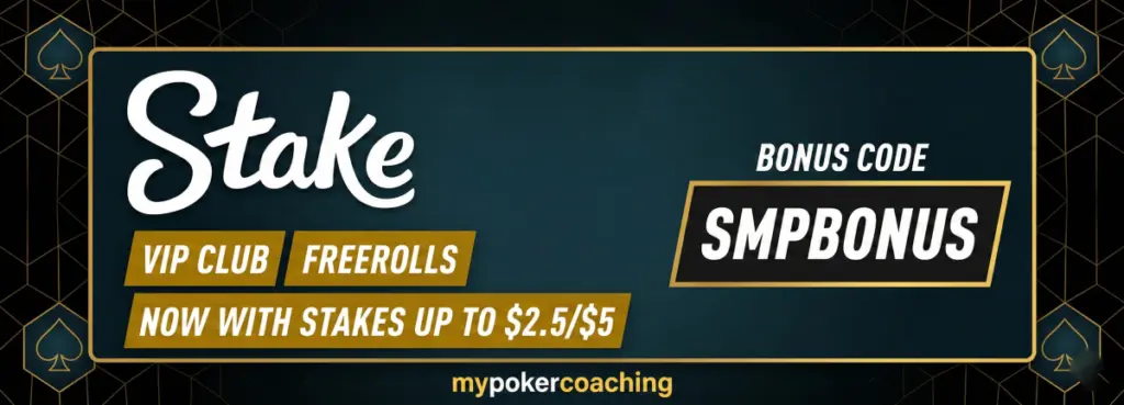 Promotional banner for Stake Poker showing the bonus code SMPBONUS. The graphic highlights the platform's VIP Club, Freerolls, and cash game stakes up to $2.5/$5.