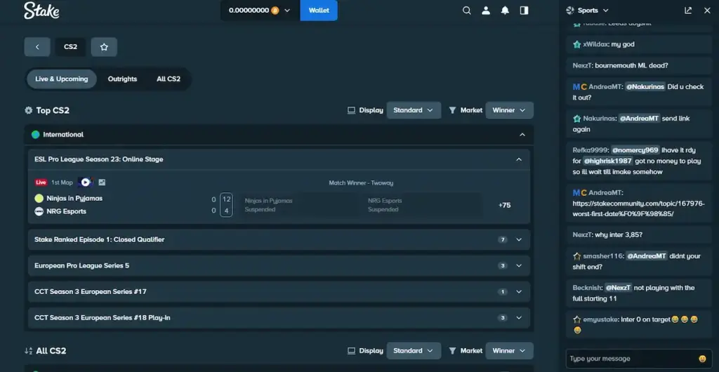 Screenshot of the Stake Sportsbook showcasing the Counter-Strike 2 (CS2) betting lobby, featuring a live ESL Pro League match between Ninjas in Pyjamas and NRG Esports.