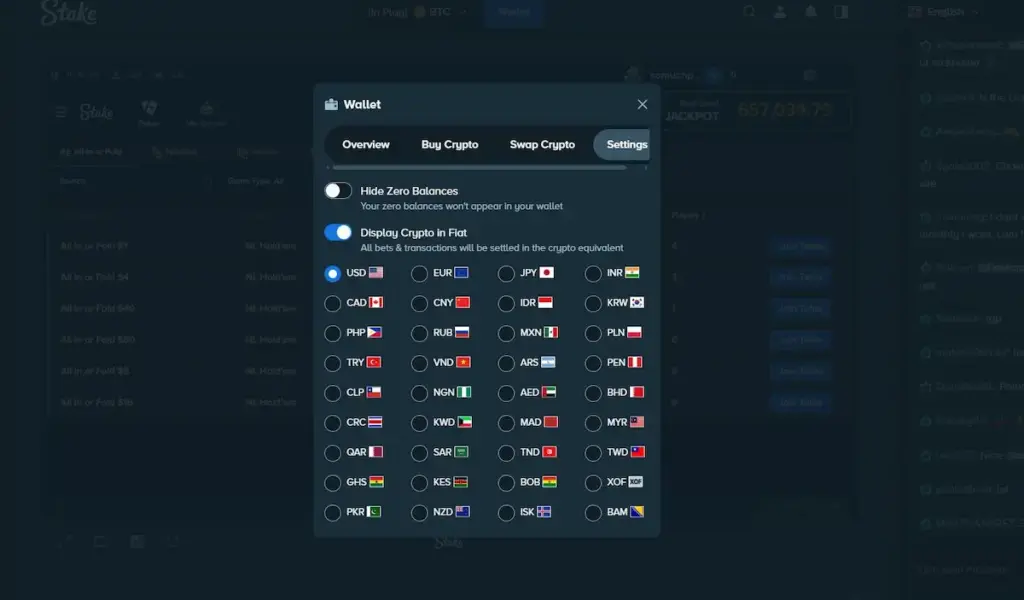Screenshot of the Stake wallet settings interface, showing the cryptocurrency balance displayed in various fiat currencies such as USD, EUR, and JPY.