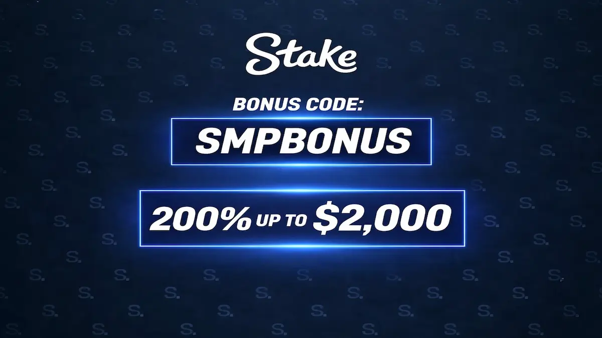 Promotional hero banner for Stake Casino featuring the 200% up to $2,000 welcome bonus and the Stake promo code SMPBONUS in high-contrast blue boxes.
