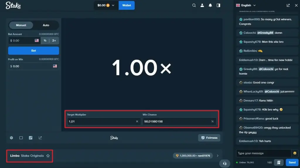 Screenshot of the Limbo game on Stake.com with red highlights on the "Limbo Stake Originals" title and the "Target Multiplier" and "Win Chance" settings.
