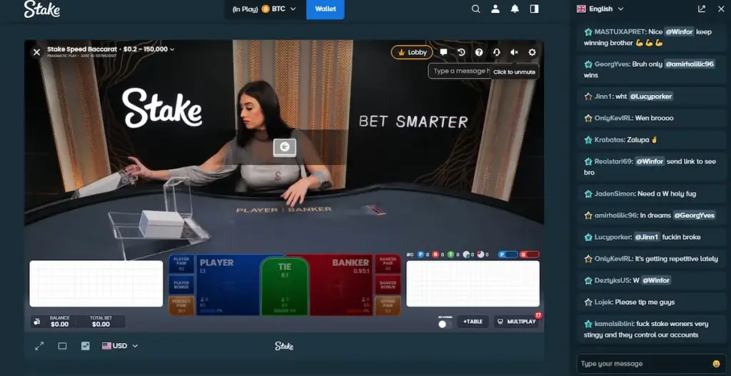 Screenshot of the Stake Live Casino interface featuring Pragmatic Play's Speed Baccarat, with a red highlight box around the "Lobby" button at the top of the game screen.