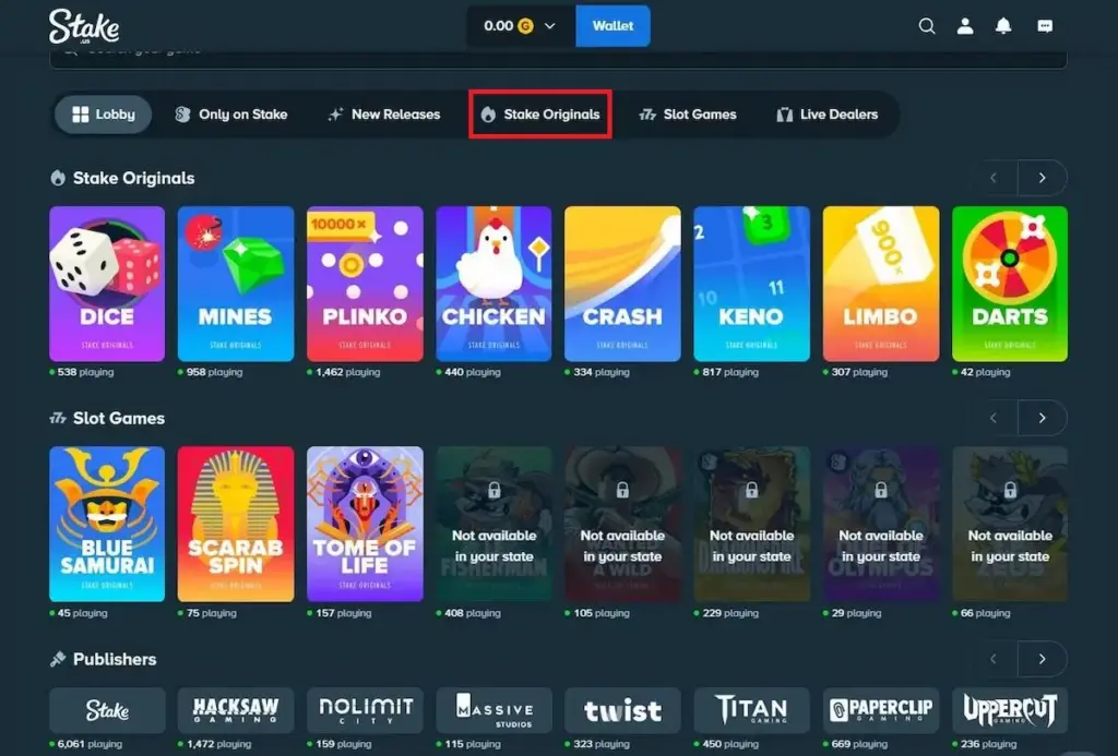 Interface des jeux Stake Originals montrant une sélection de machines à sous et de jeux exclusifs.