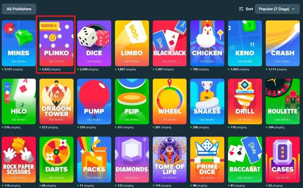 Screenshot of the Stake.com Originals library page, featuring a grid of game cards with a red highlight box specifically around the Plinko game.