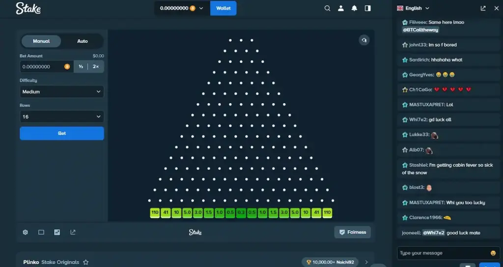 Screenshot of the Plinko game on Stake.com, showing the triangular pin pyramid and the betting control panel with adjustable difficulty and row settings.