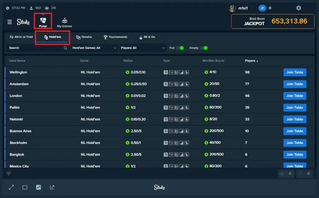 Screenshot of the Stake Poker lobby interface with red boxes highlighting the "Poker" icon in the main navigation and the "Hold'em" tab in the game selection menu.
