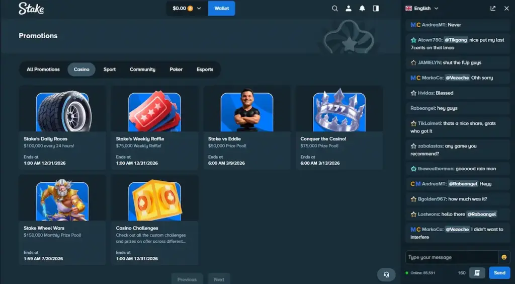 Screenshot of the Stake.com promotions interface, with the "Casino" tab selected, showing banners for Daily Races, Weekly Raffles, and various casino challenges.