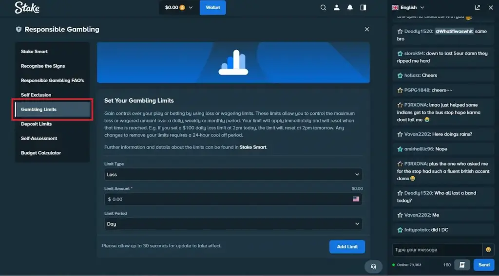 Screenshot of the Stake Responsible Gambling modal with a red highlight box around the "Gambling Limits" tab in the side menu.