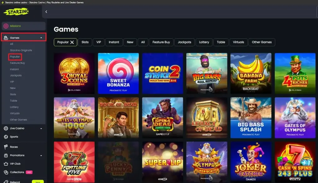 Screenshot of the Starzino "Games" lobby with red highlight boxes around the "Games" icon in the sidebar and the "Popular" filter in the sub-navigation menu. The grid displays top-tier slots like Sweet Bonanza and Royal Coins 3.
