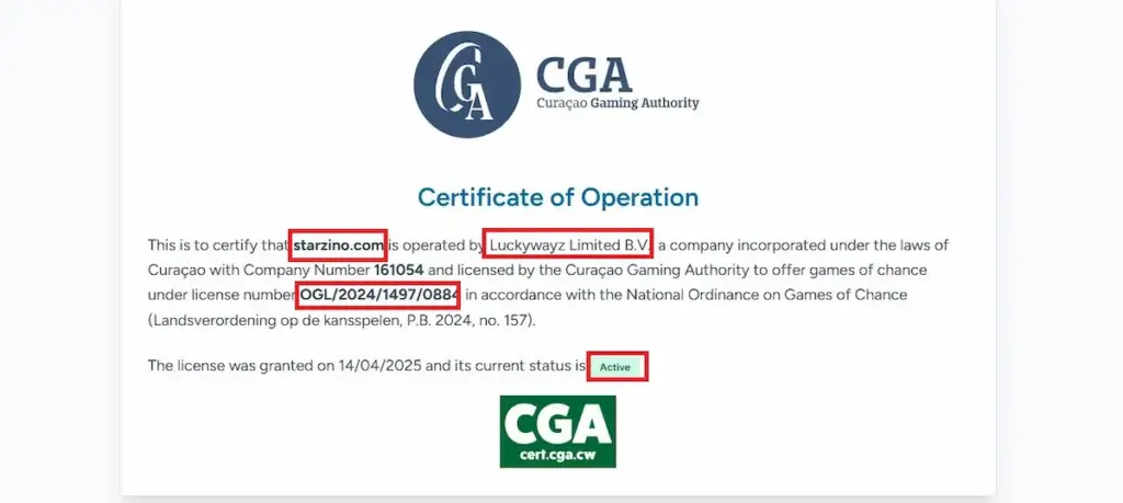 Screenshot of the official Curaçao Gaming Authority certificate of operation for starzino.com, operated by Luckywayz Limited B.V., highlighting license number OGL/2024/1497/0884 and the "Active" status.