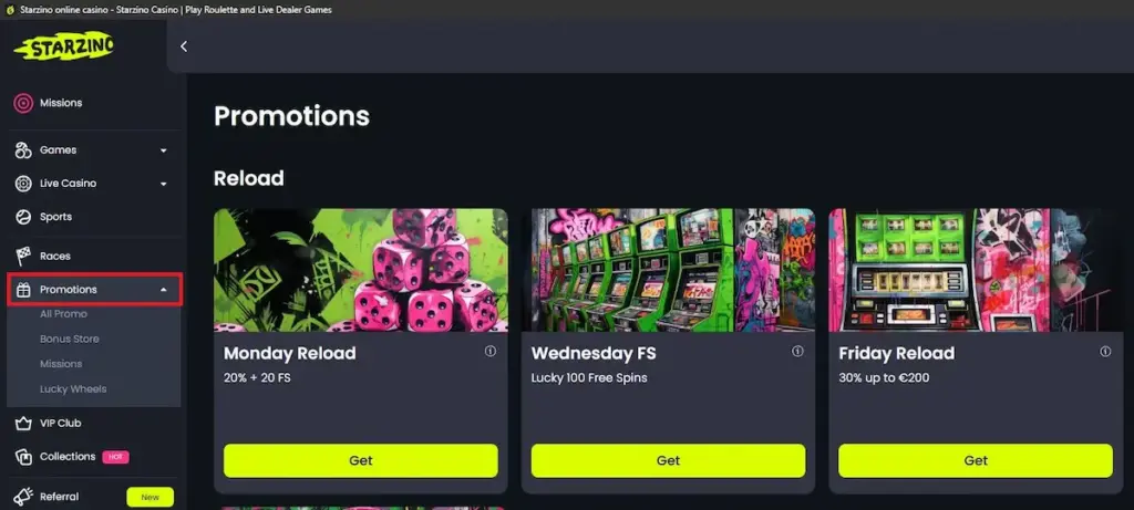 Screenshot of the Starzino "Promotions" dashboard showing various bonus tiles including "Monday Reload (20% + 20 FS)", "Wednesday FS (Lucky 100 Free Spins)", and "Friday Reload (30% up to €200)". The sidebar menu highlights the "Promotions" tab with a red box.