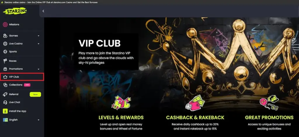 Screenshot of the Starzino "VIP CLUB" page with a red highlight box around the "VIP Club" tab in the sidebar. The main area features large icons for "LEVELS & REWARDS", "CASHBACK & RAKEBACK", and "GREAT PROMOTIONS" against a graffiti-themed background.